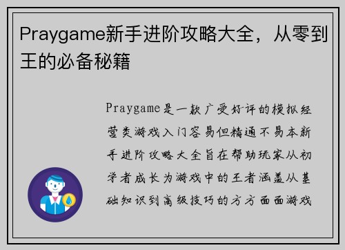 Praygame新手进阶攻略大全，从零到王的必备秘籍