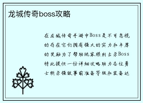 龙城传奇boss攻略